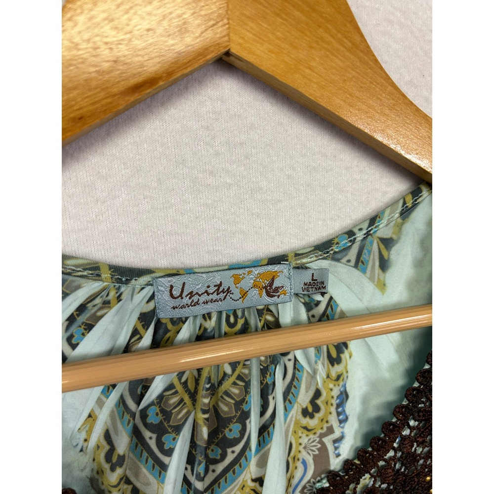 Boho Unity World Wear Women Large Blue Brown Paisley Crochet Beaded V-Neck Top - Picture 3 of 8